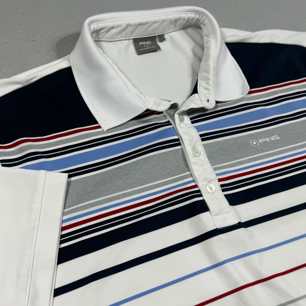 PING Mens Golf Polo Shirt White Striped Short Sleeve Performance Stretch Large